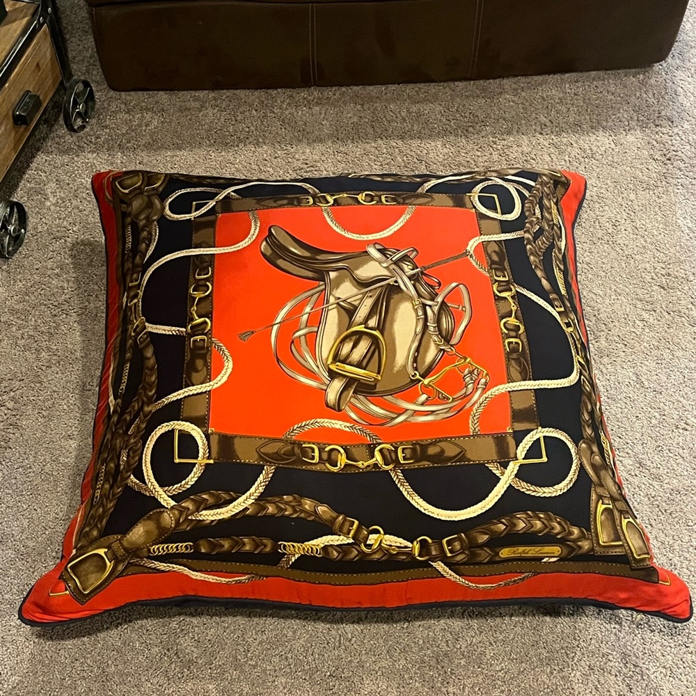 Ralph Lauren Equestrian Saddle Silk Linen Floor Pillow 37”x37” Huge Made in USA